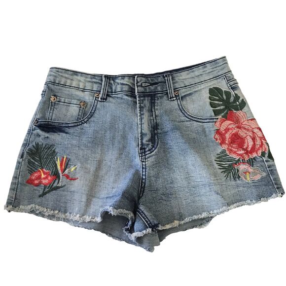 Gianni Bini Mid Rise Floral Embroidered Raw Hem Denim Shorts Size Small - Picture 1 of 5